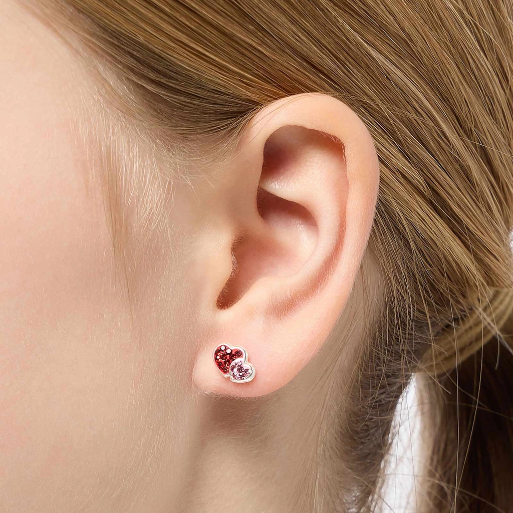 Silverörhängen för barn - stort och litet hjärta med stenar