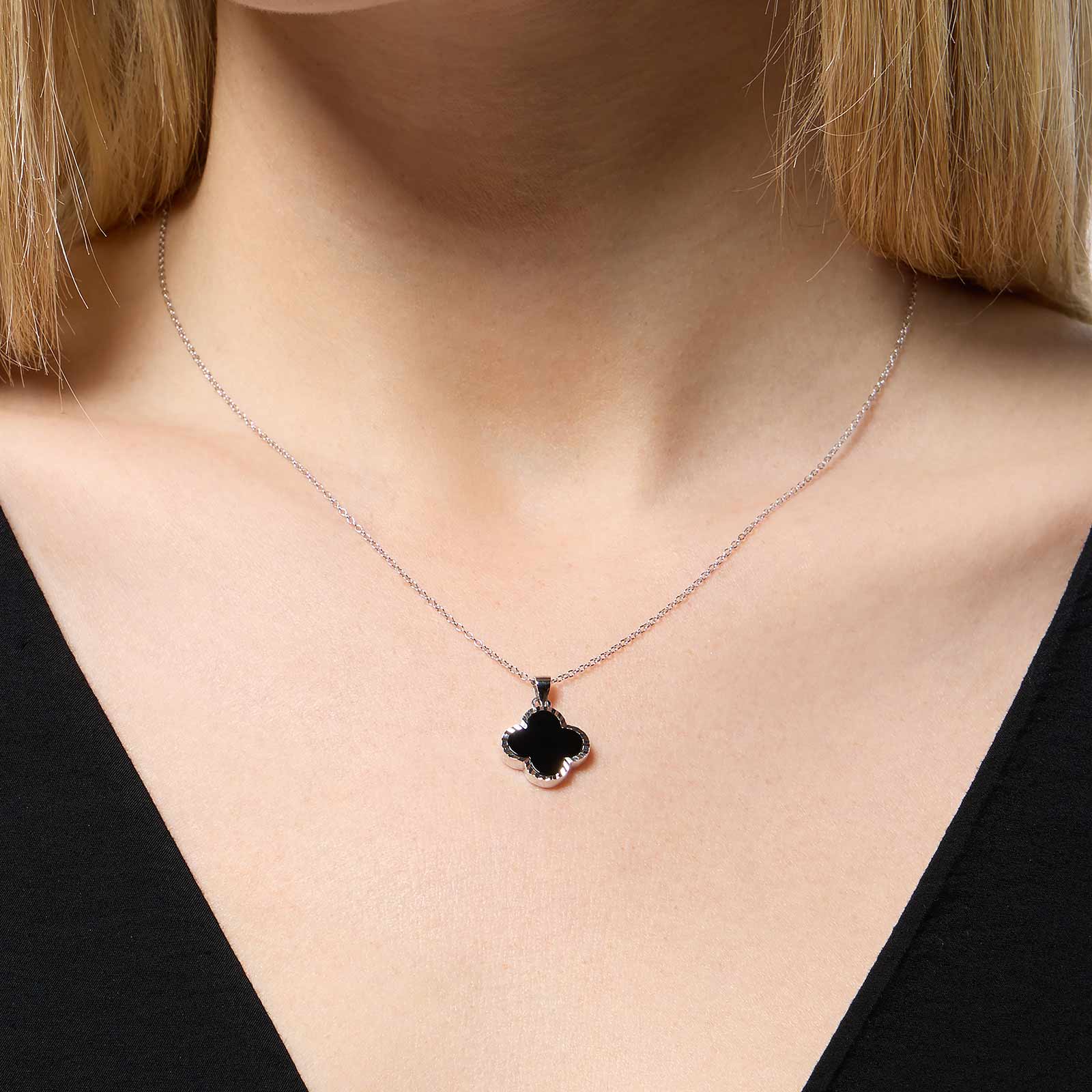 Halsband i äkta silver - fyrklöver, svart onyx