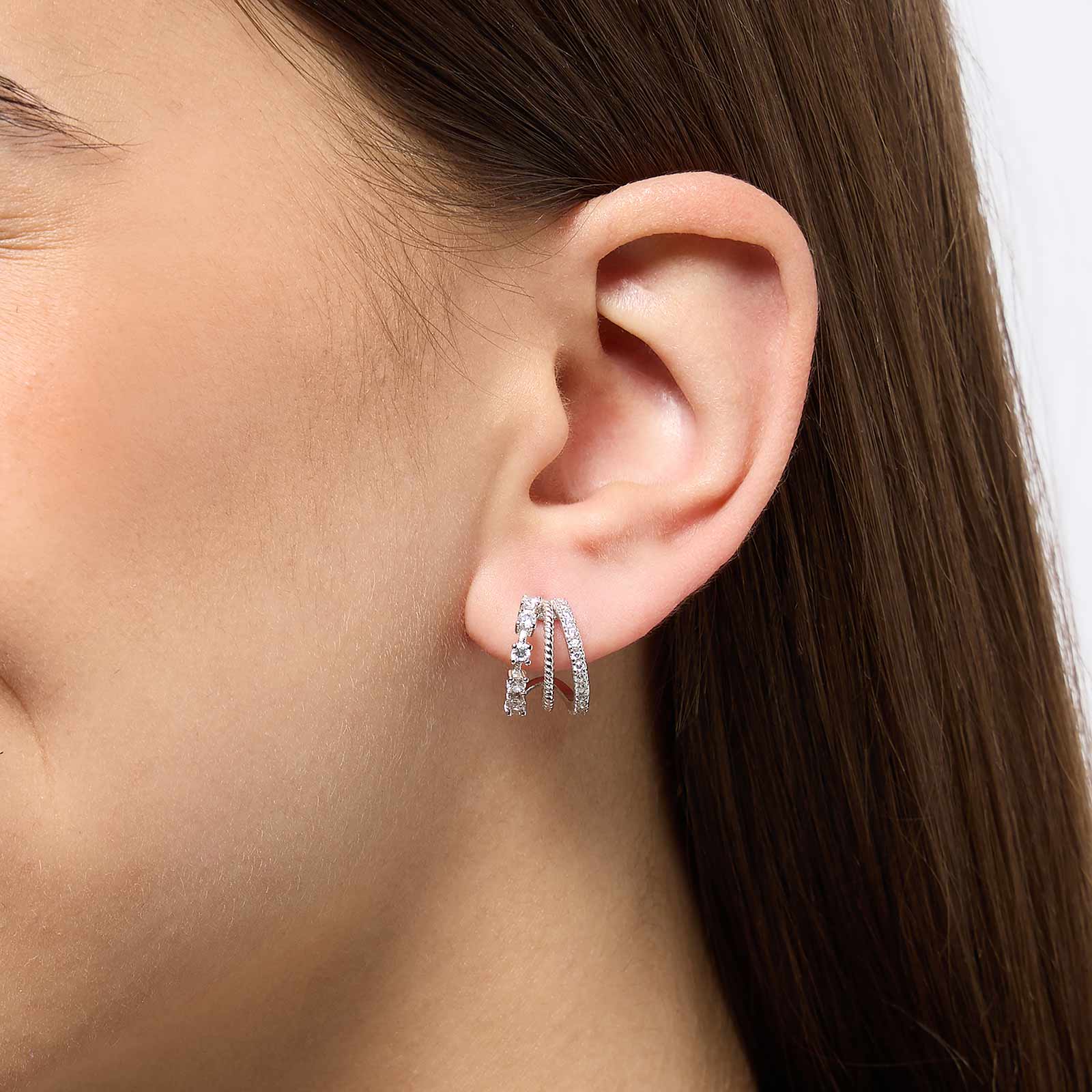 Örhängen i äkta silver - tre rader, vita stenar,  10x16mm