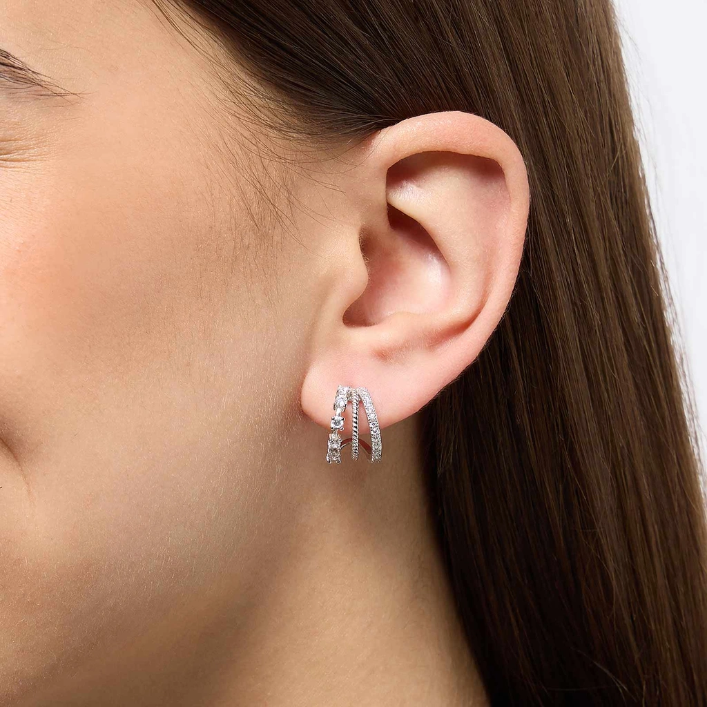 Örhängen i äkta silver - tre rader, vita stenar,  10x16mm