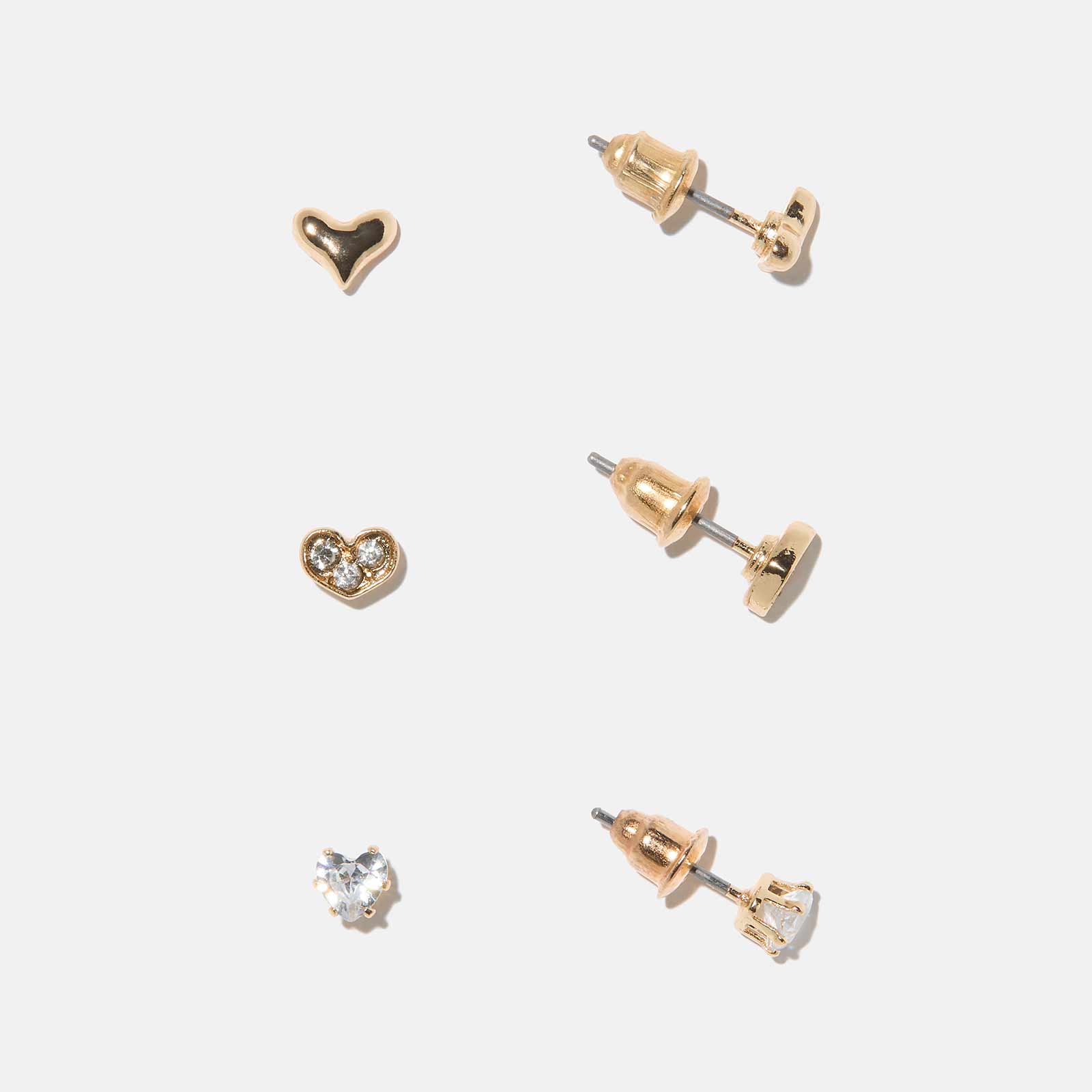 Guldfärgade örhängen - 3-pack studs, hjärtan