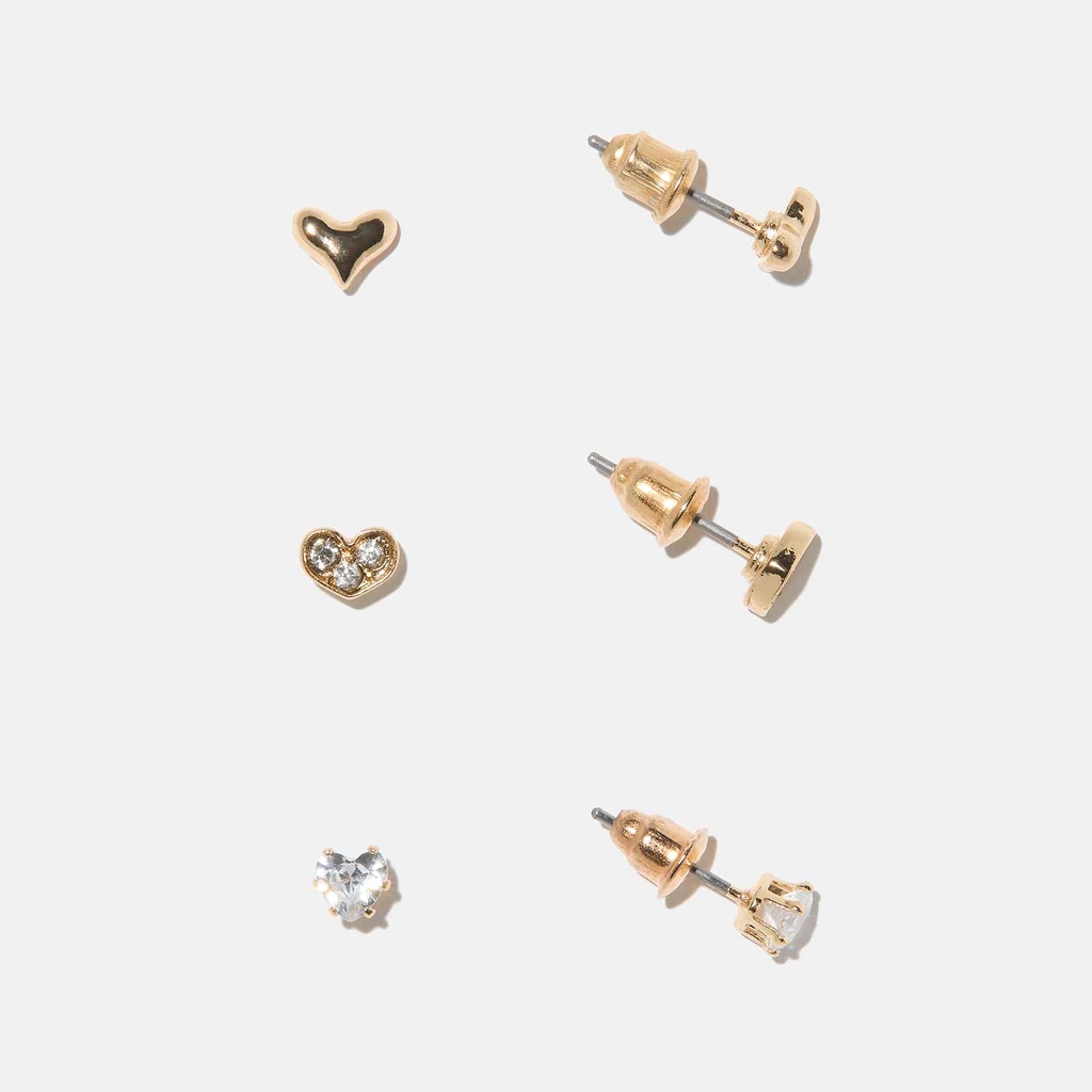 Guldfärgade örhängen - 3-pack studs, hjärtan