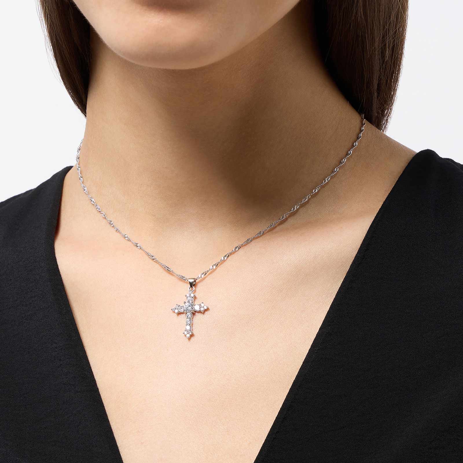 Halsband i äkta silver  - kors med Zirkonia, 40+5cm