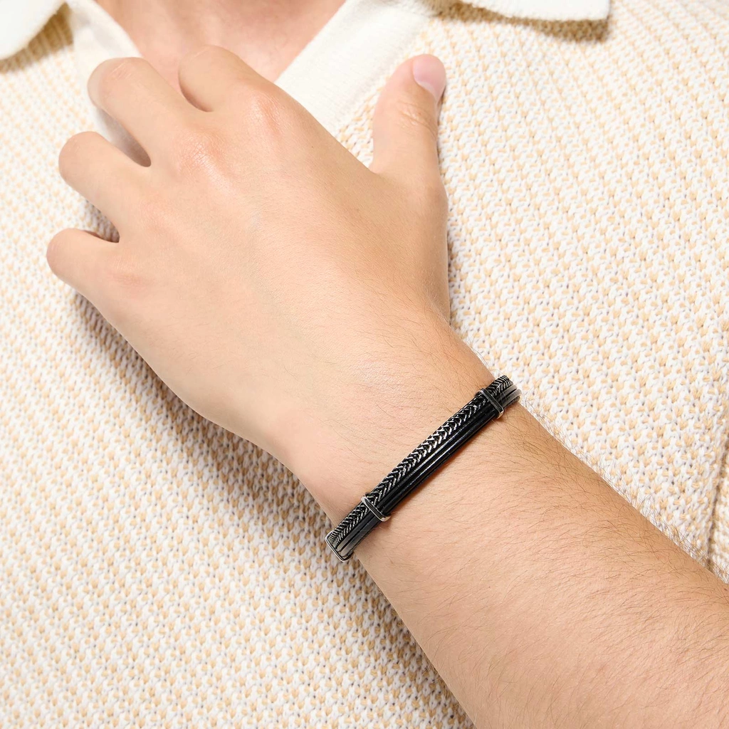 Armband herr - svart läder & kedja, 19cm