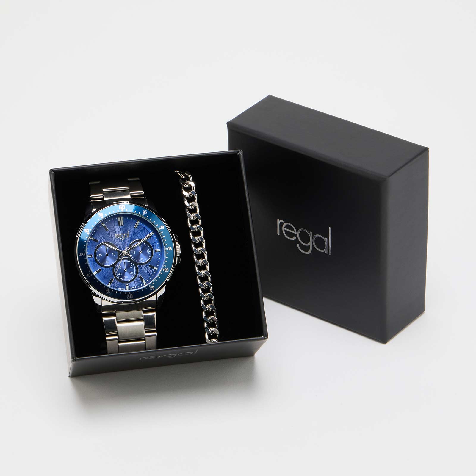 Regal klockset herr - metall, silver/blå, 45mm