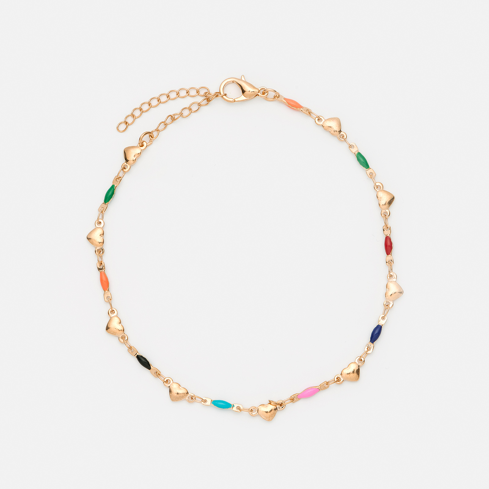 Guldfärgad fotlänk, hjärtan & färgade pärlor - 21+6cm