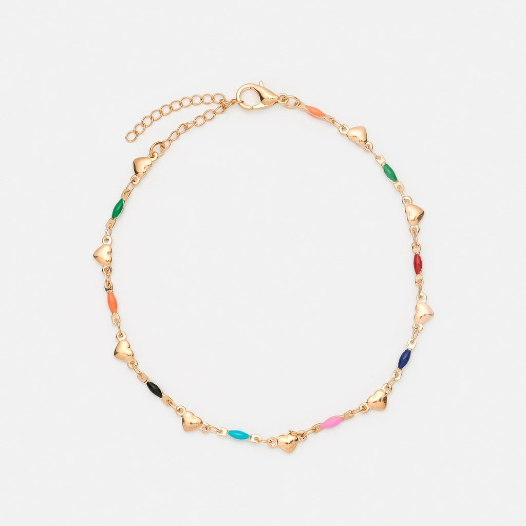 Guldfärgad fotlänk, hjärtan & färgade pärlor - 21+6cm