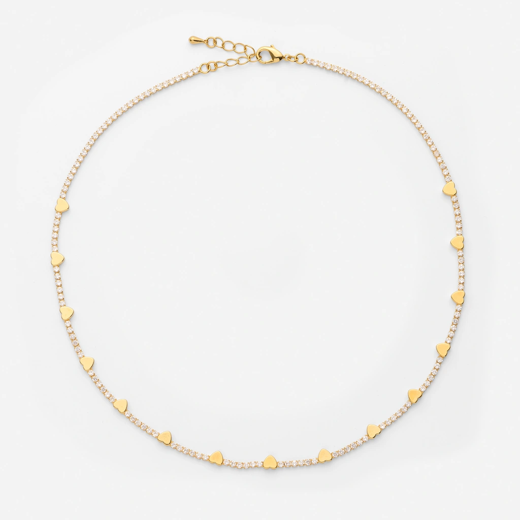 18k guldpläterat tennishalsband med hjärtan