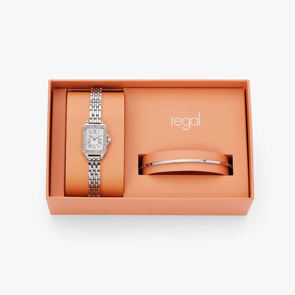 Regal klockset dam - rektangulär, silver, 19x28 mm