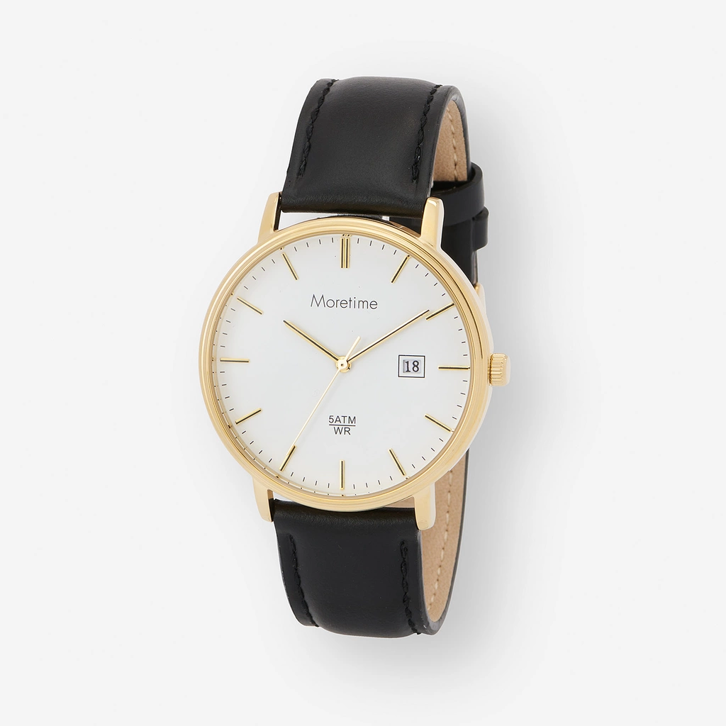 Moretime herrklocka - vit/guld, svart läderband, 40mm