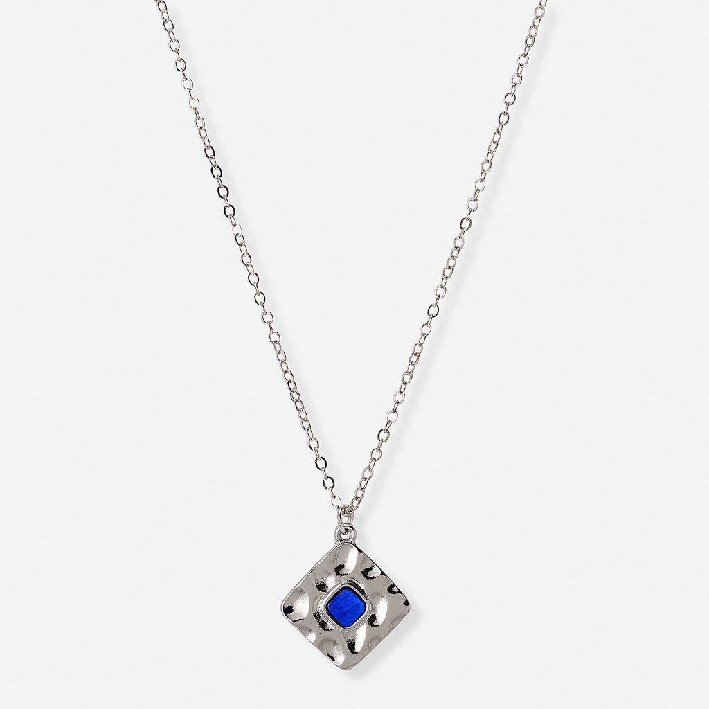 Silverfärgat halsband, blå sten, 42+7cm