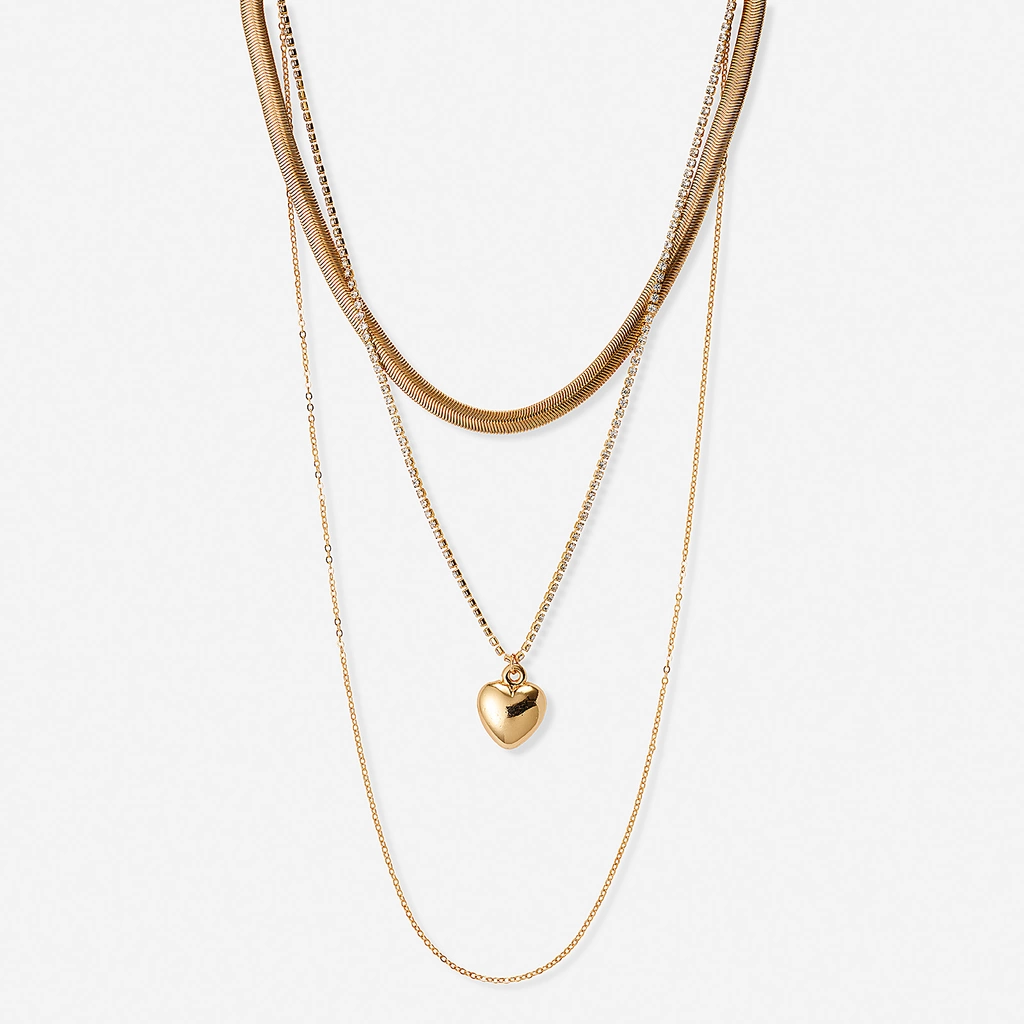 Guldfärgat treradigt halsband, hjärta, 40-66+7cm