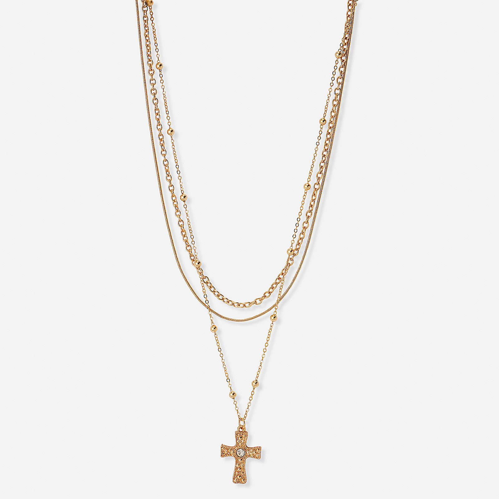 Guldfärgat treradigt halsband, kors, 38-50+7cm