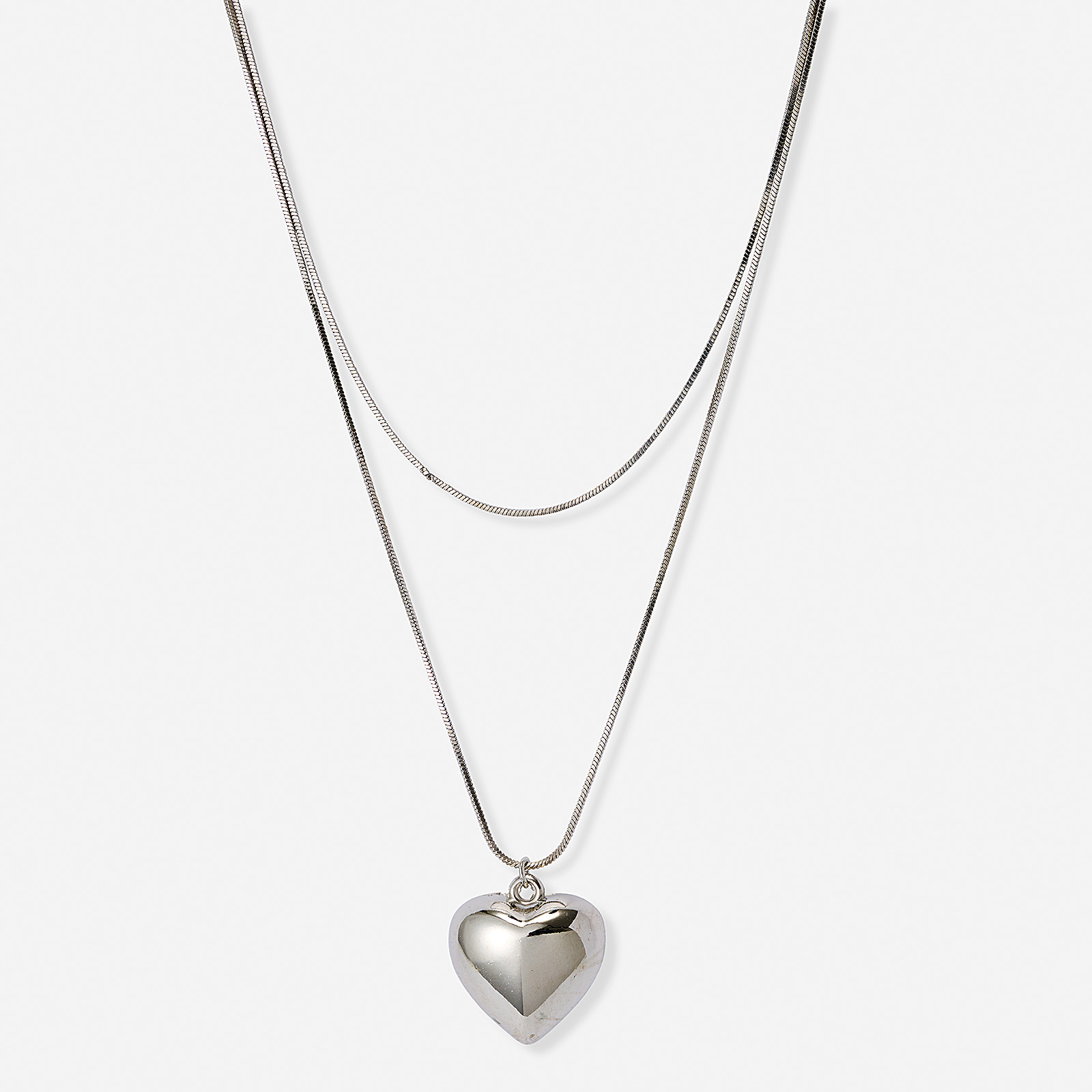 Silverfärgat tvåradigt halsband, hjärta, 36-46+7cm