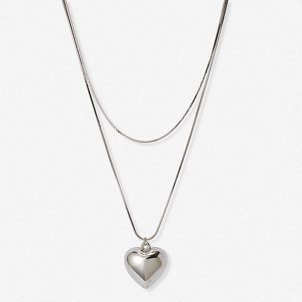Silverfärgat tvåradigt halsband, hjärta, 36-46+7cm