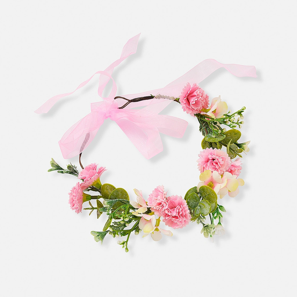 Blomkrans med band, rosa blommor & blad