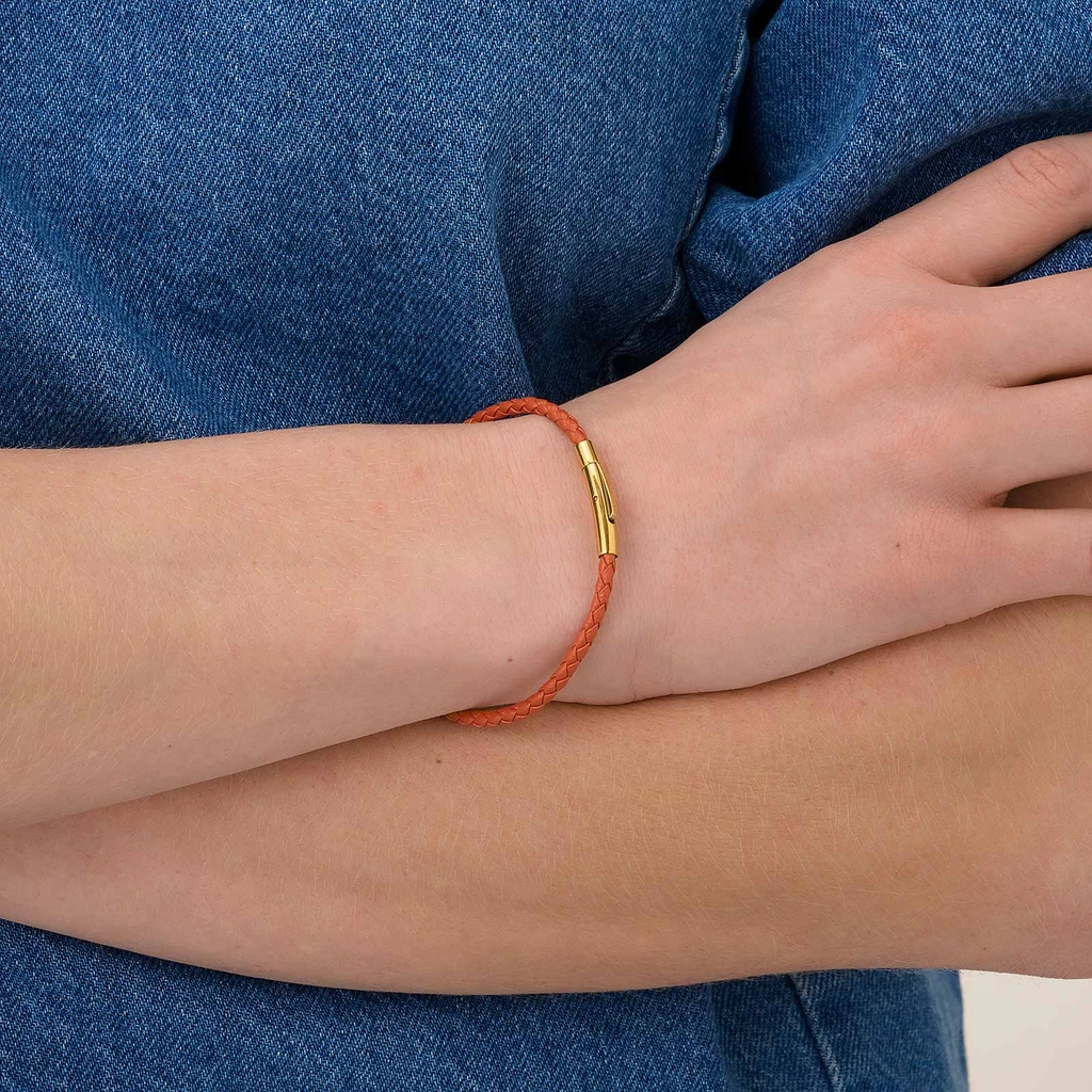 Orange läderarmband med stålspänne, 18cm