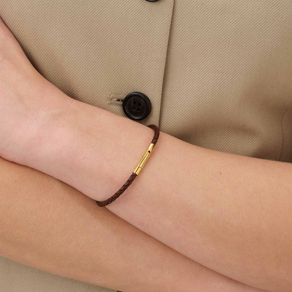 Brunt läderarmband med stålspänne, 16cm
