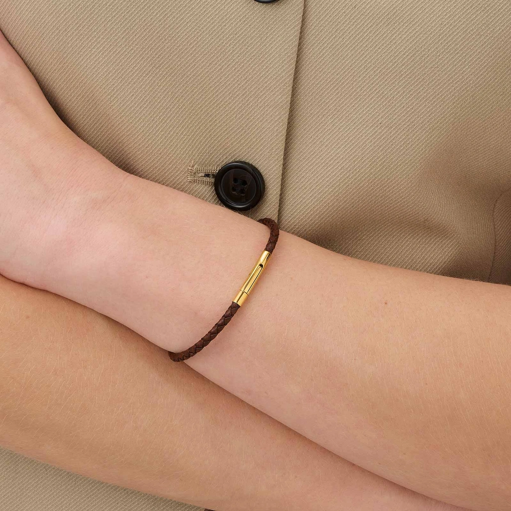 Brunt läderarmband med stålspänne, 18cm