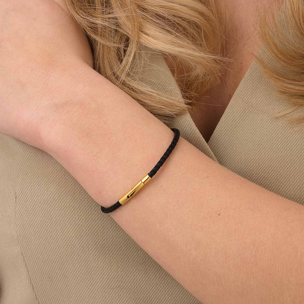 Svart läderarmband med guldpläterat stålspänne, 18cm