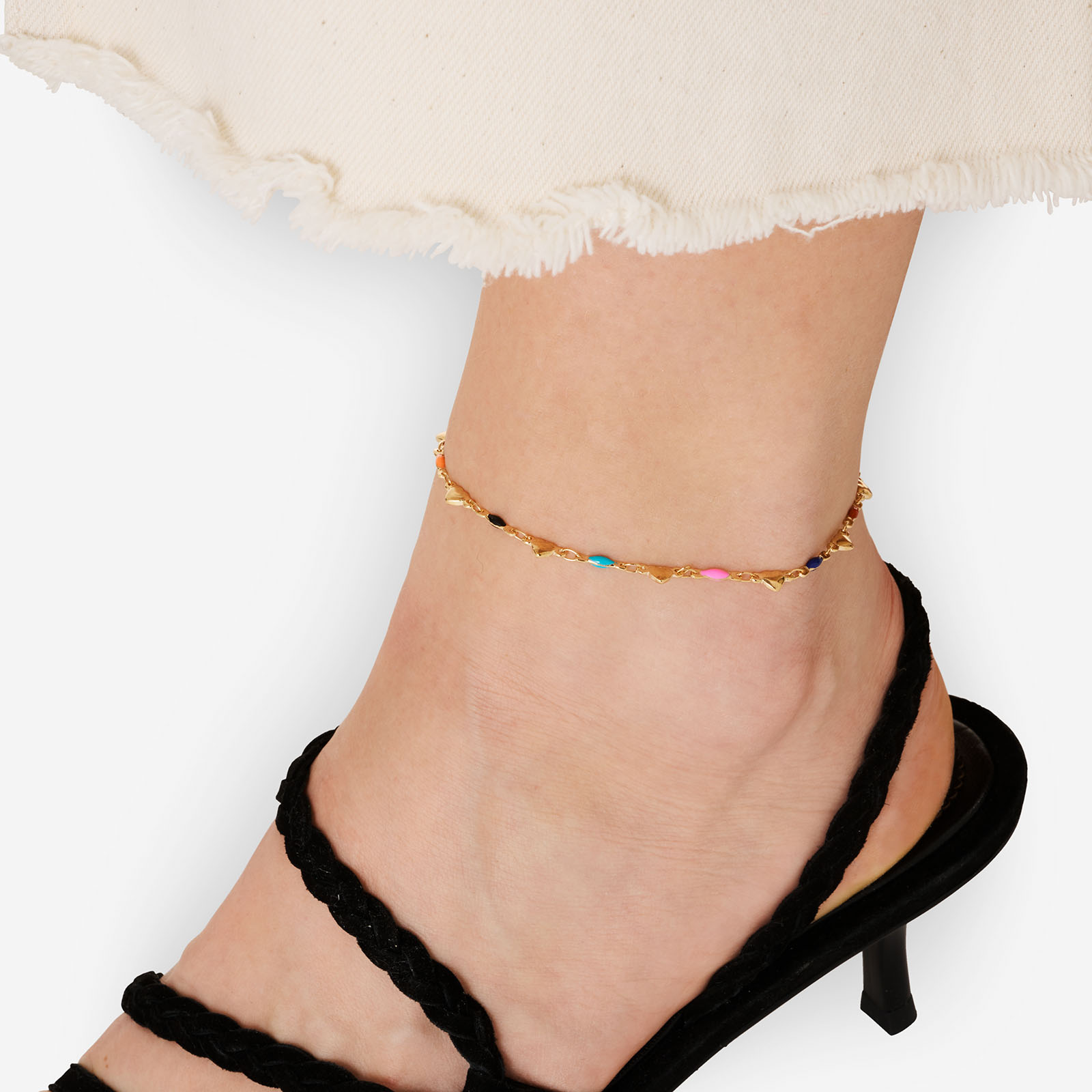 Guldfärgad fotlänk, hjärtan & färgade pärlor - 21+6cm