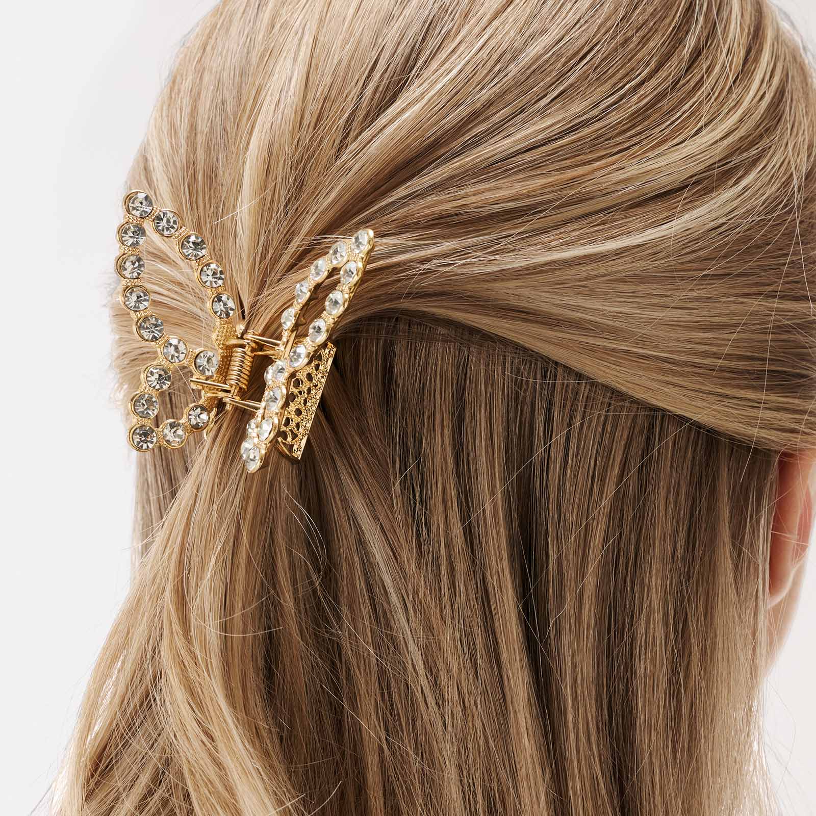 Guldfärgad hårklämma - fjäril med strass, 6,5 cm