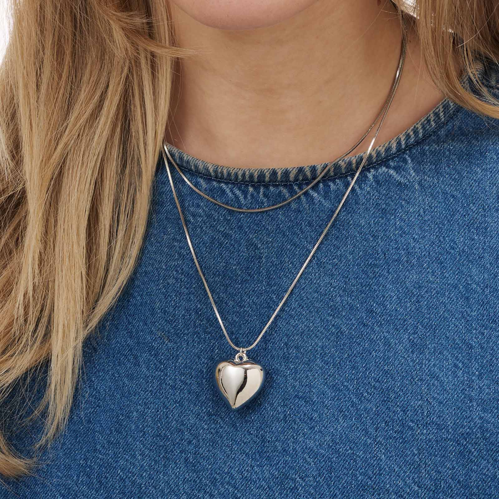 Silverfärgat tvåradigt halsband, hjärta, 36-46+7cm