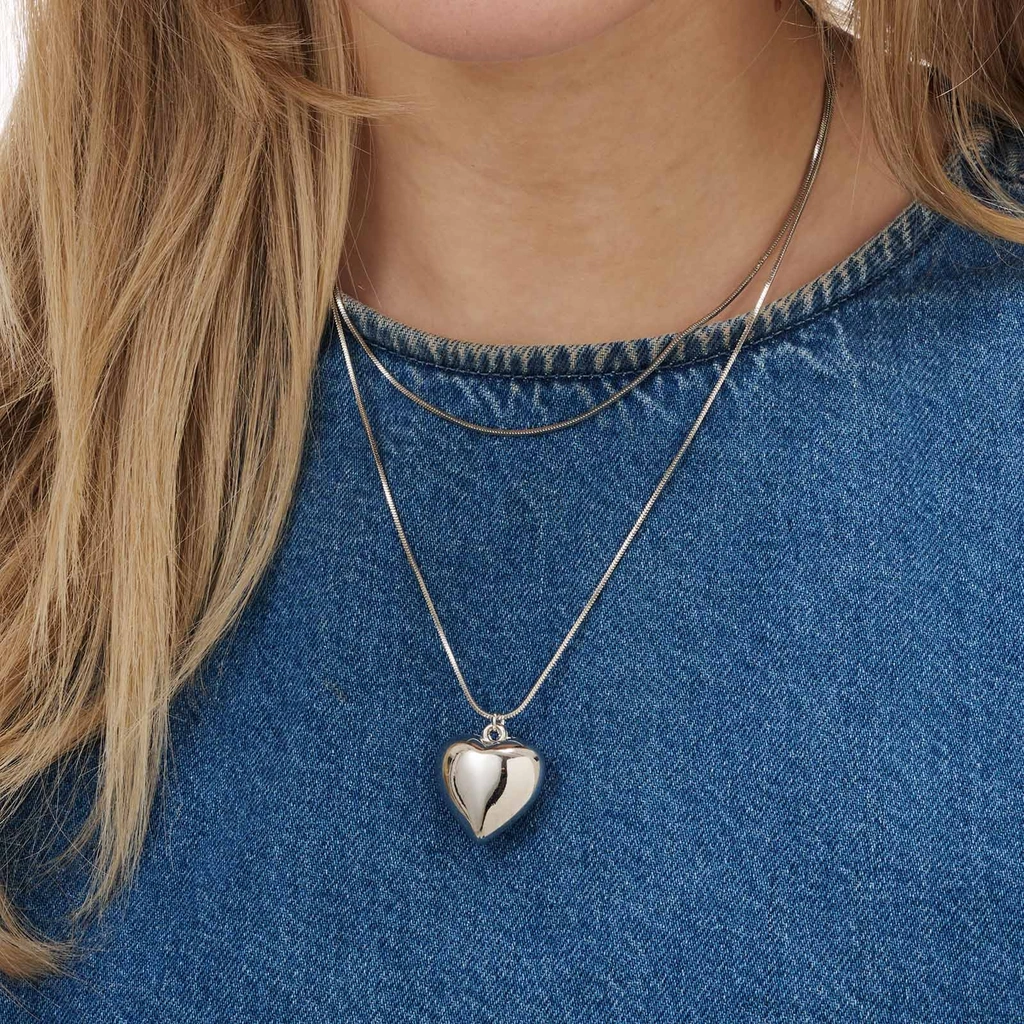 Silverfärgat tvåradigt halsband, hjärta, 36-46+7cm