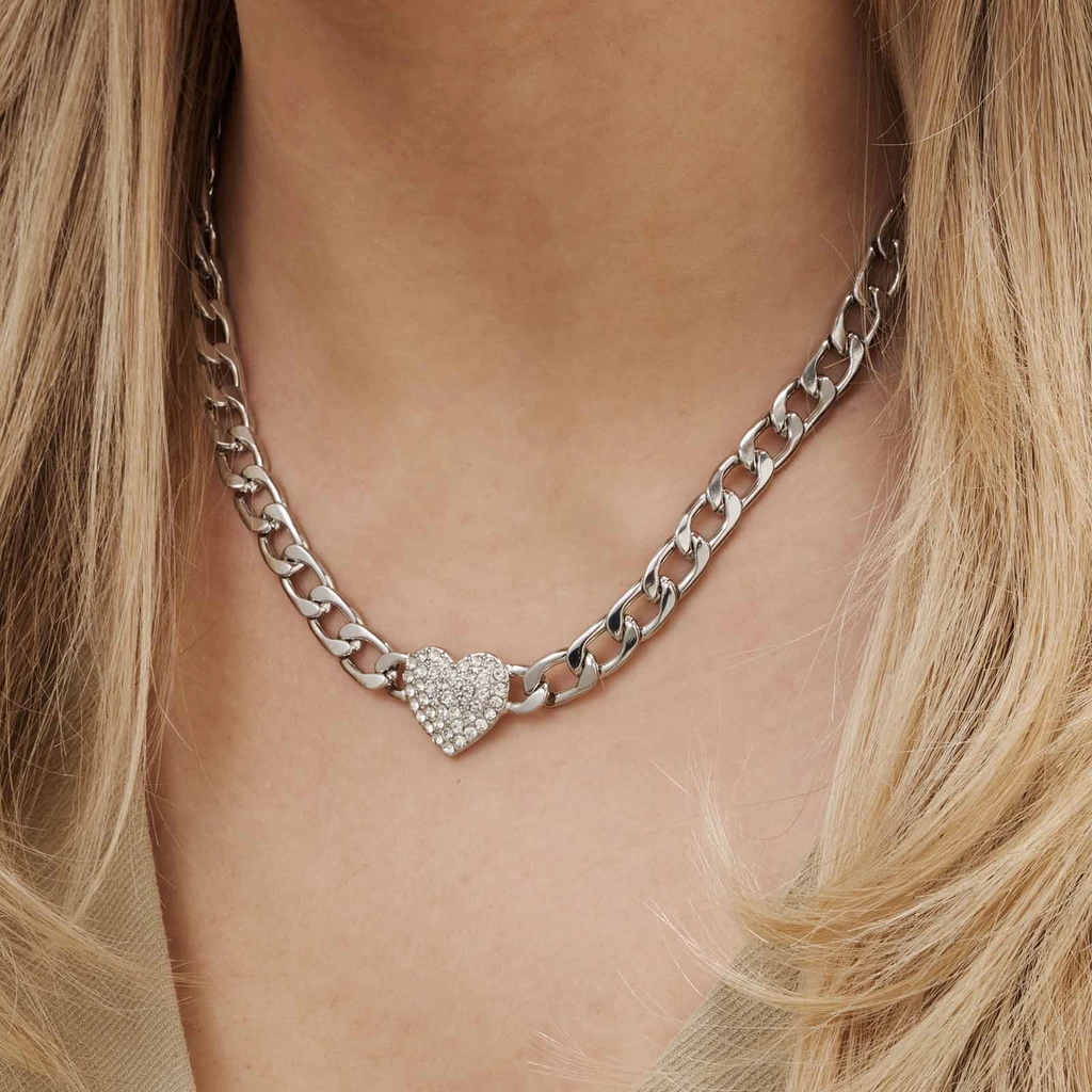 Silverfärgat halsband, glitterhjärta, 38+7cm