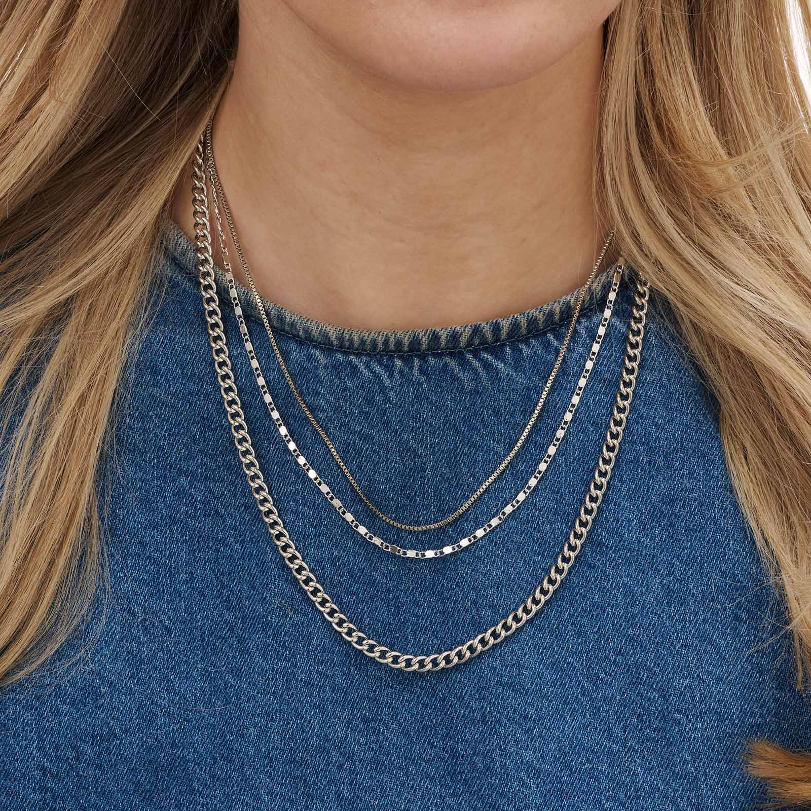 3-radigt silverfärgat halsband, olika kedjor - 33-55 cm