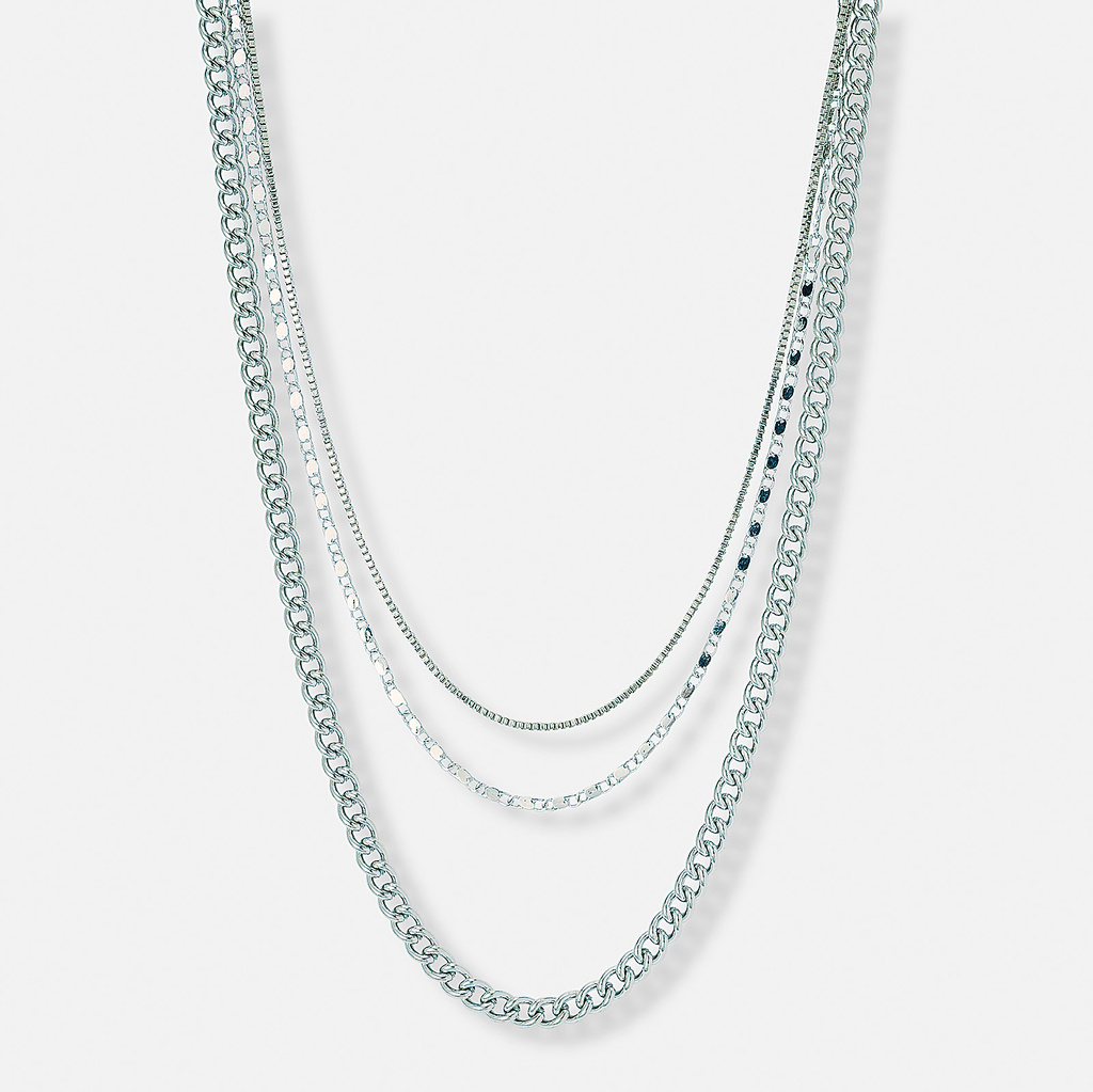 3-radigt silverfärgat halsband, olika kedjor - 33-55 cm