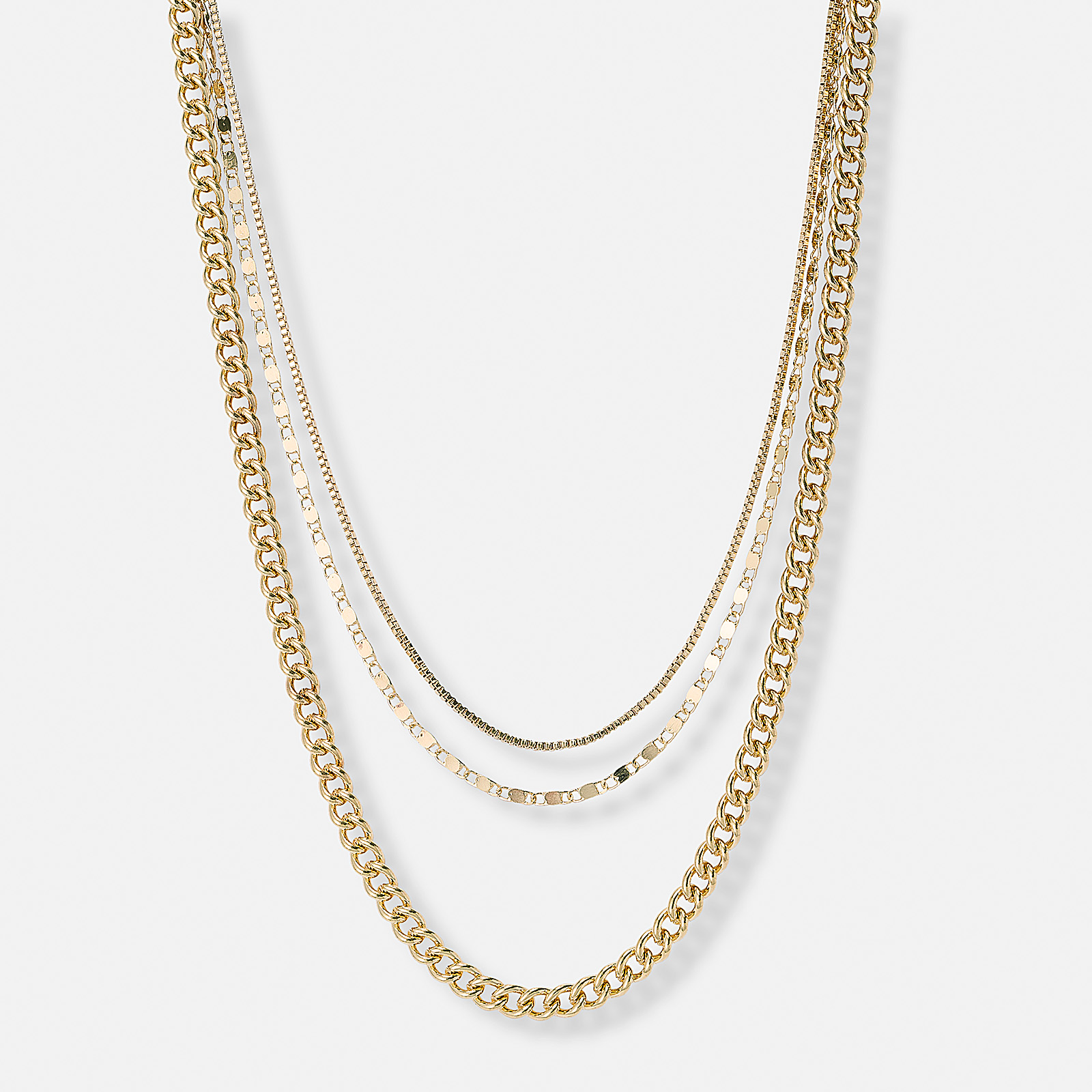 3-radigt guldfärgat halsband, olika kedjor - 33-55 cm