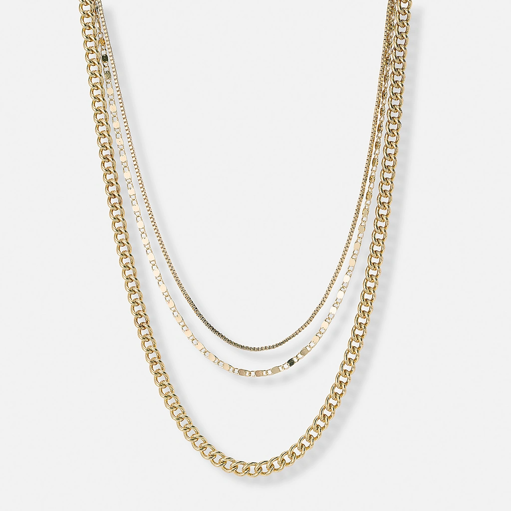 3-radigt guldfärgat halsband, olika kedjor - 33-55 cm