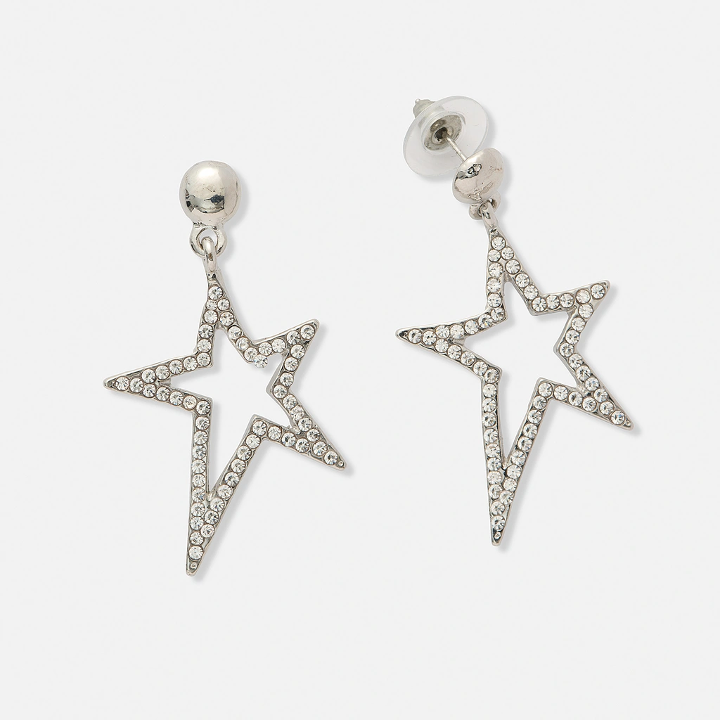 Silverfärgade örhängen, hängande stjärnor - 45x26 mm