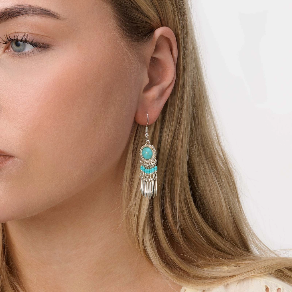 Silverfärgade örhängen, turkos drömfångare - 56x14 mm