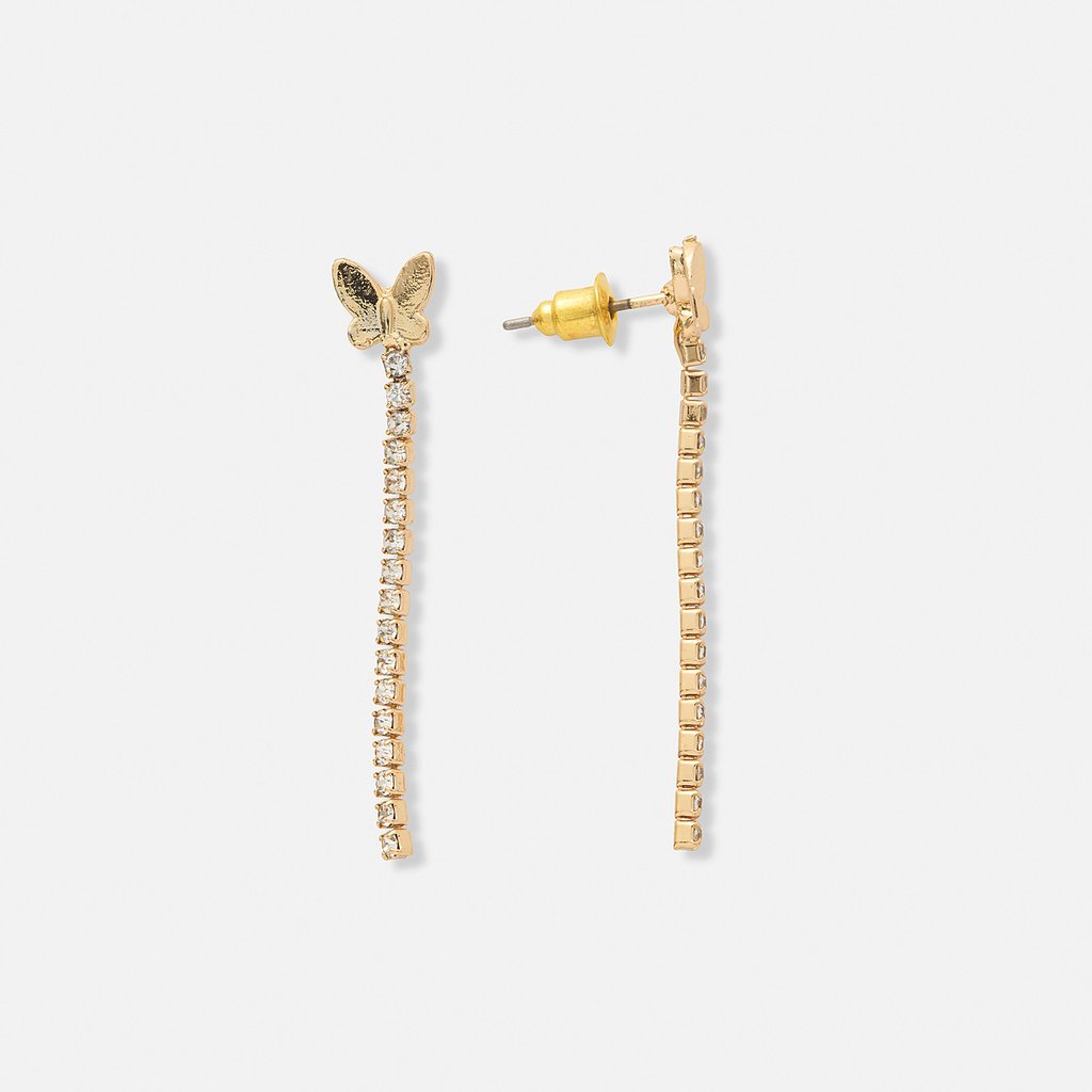 Guldfärgade örhängen, fjäril med strasshänge - 40 mm