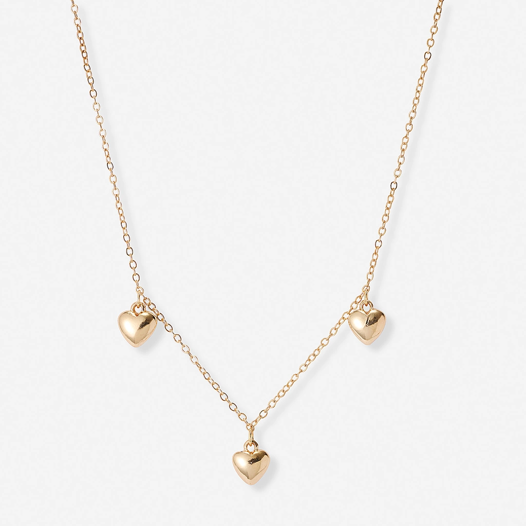 Guldfärgat halsband, tre hjärtan - 42+7 cm