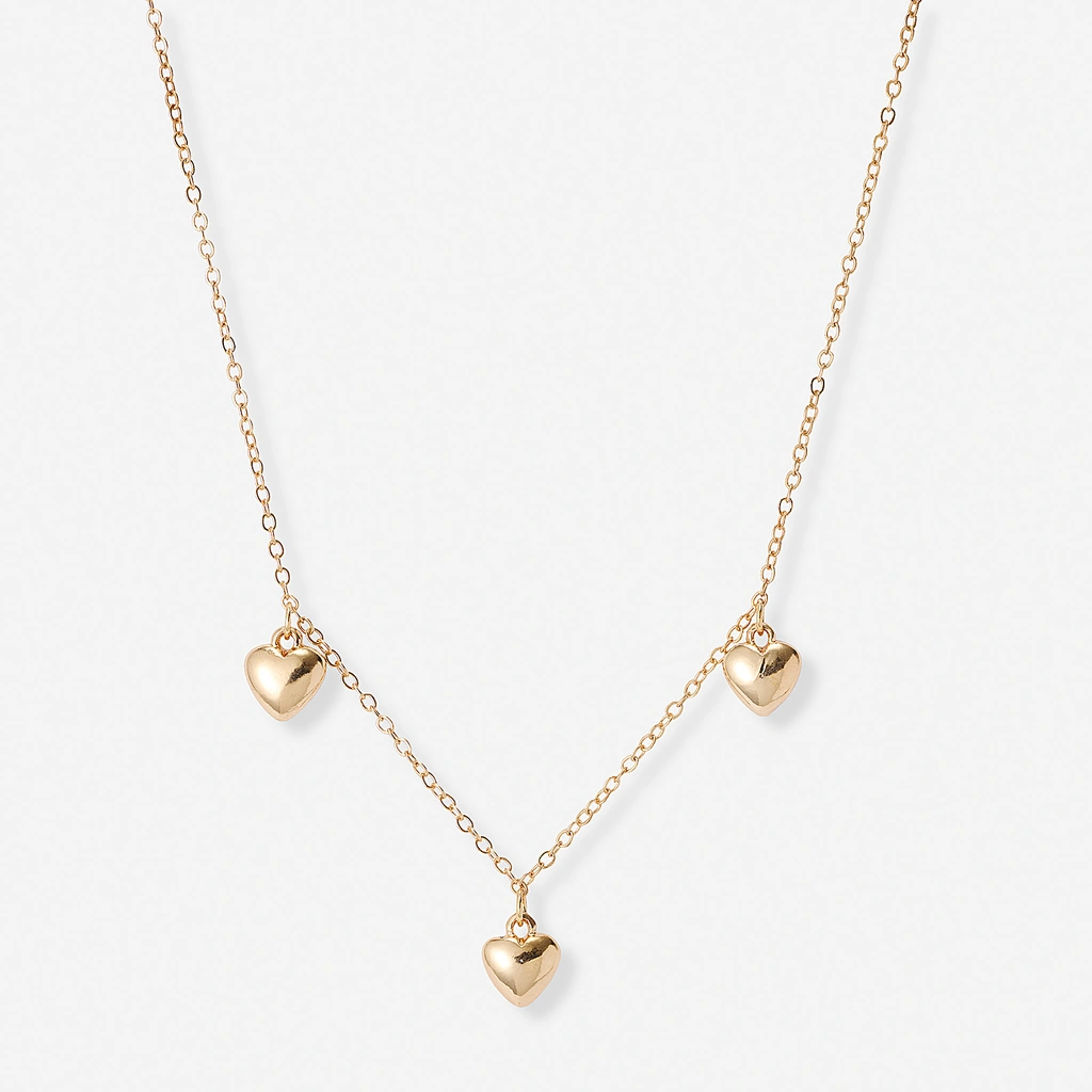 Guldfärgat halsband, tre hjärtan - 42+7 cm