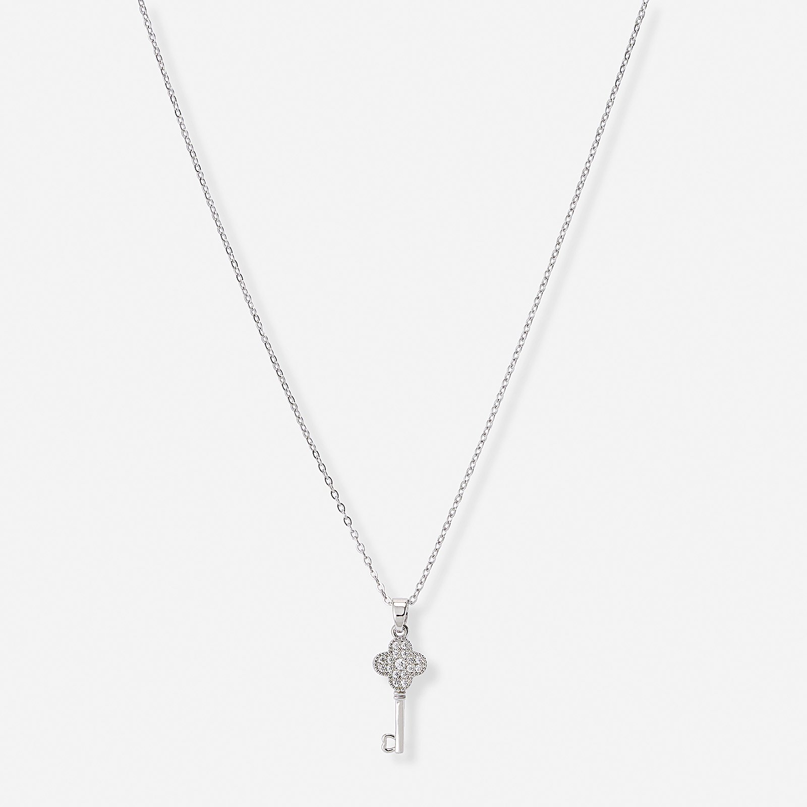 Silverfärgat halsband, nyckel & fyrklöver - 42+7 cm