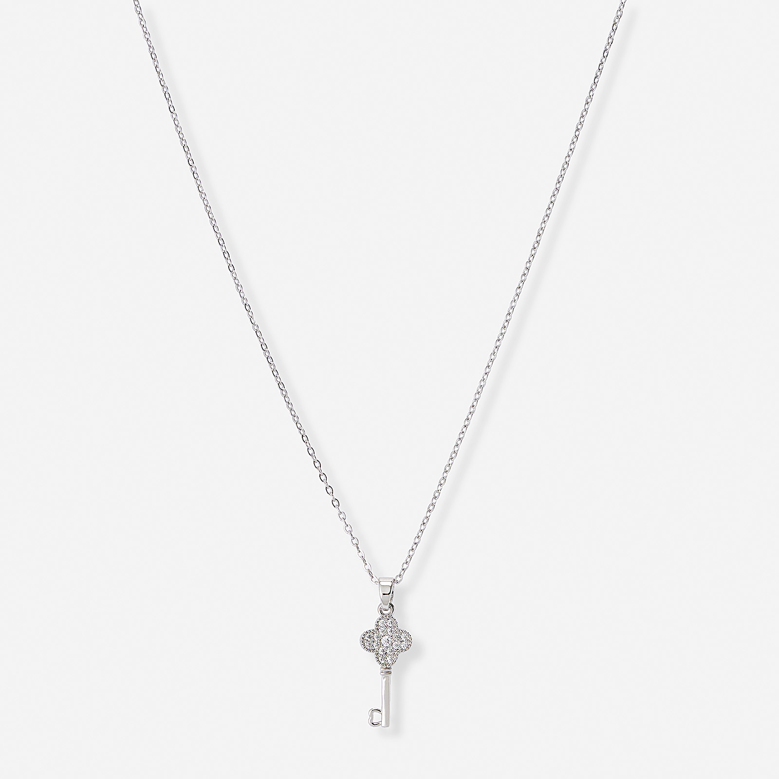 Silverfärgat halsband, nyckel & fyrklöver - 42+7 cm