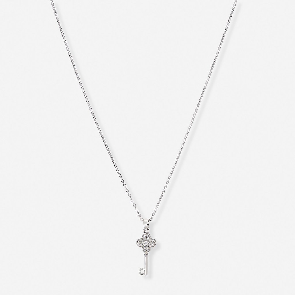 Silverfärgat halsband, nyckel & fyrklöver - 42+7 cm