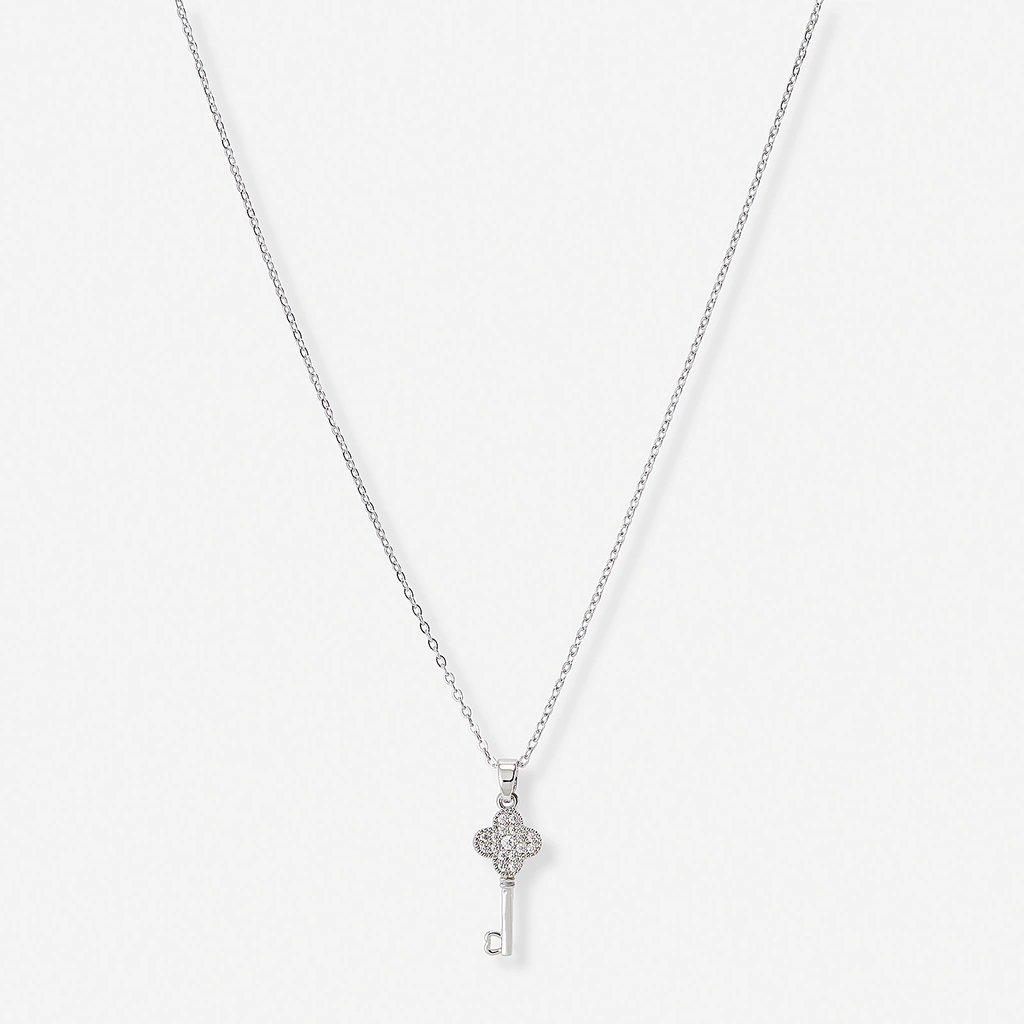 Silverfärgat halsband, nyckel & fyrklöver - 42+7 cm