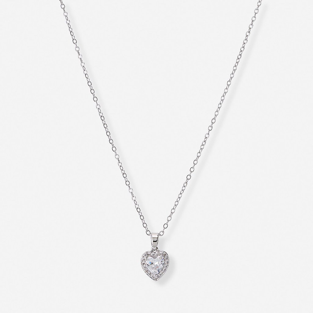Silverfärgat halsband, hjärta med halo - 42+7 cm