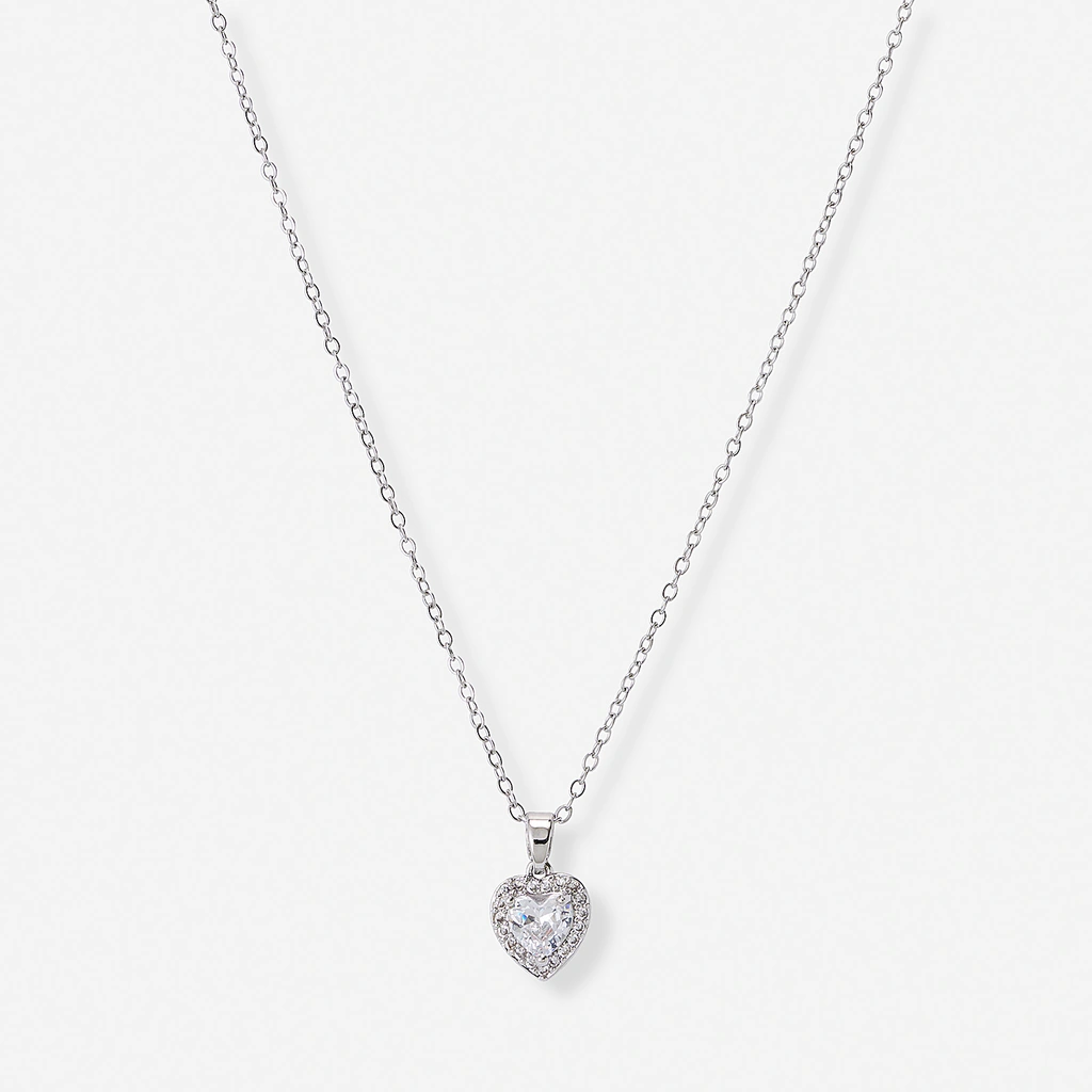 Silverfärgat halsband, hjärta med halo - 42+7 cm