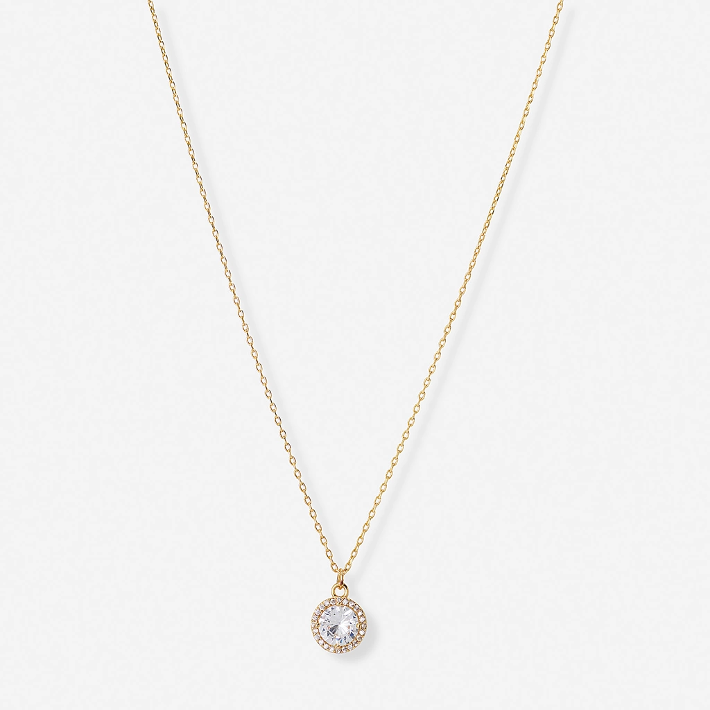 Guldfärgat halsband, rund sten med halo - 42+7 cm