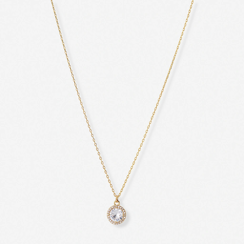 Guldfärgat halsband, rund sten med halo - 42+7 cm