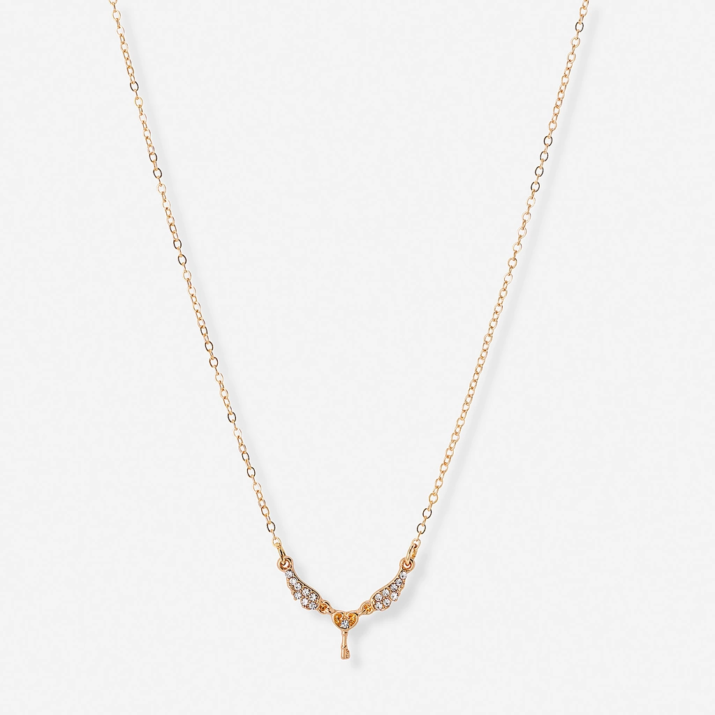 Guldfärgat halsband, vingar och nyckel - 42+7 cm