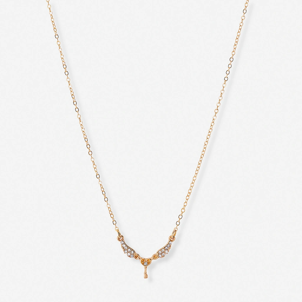 Guldfärgat halsband, vingar och nyckel - 42+7 cm