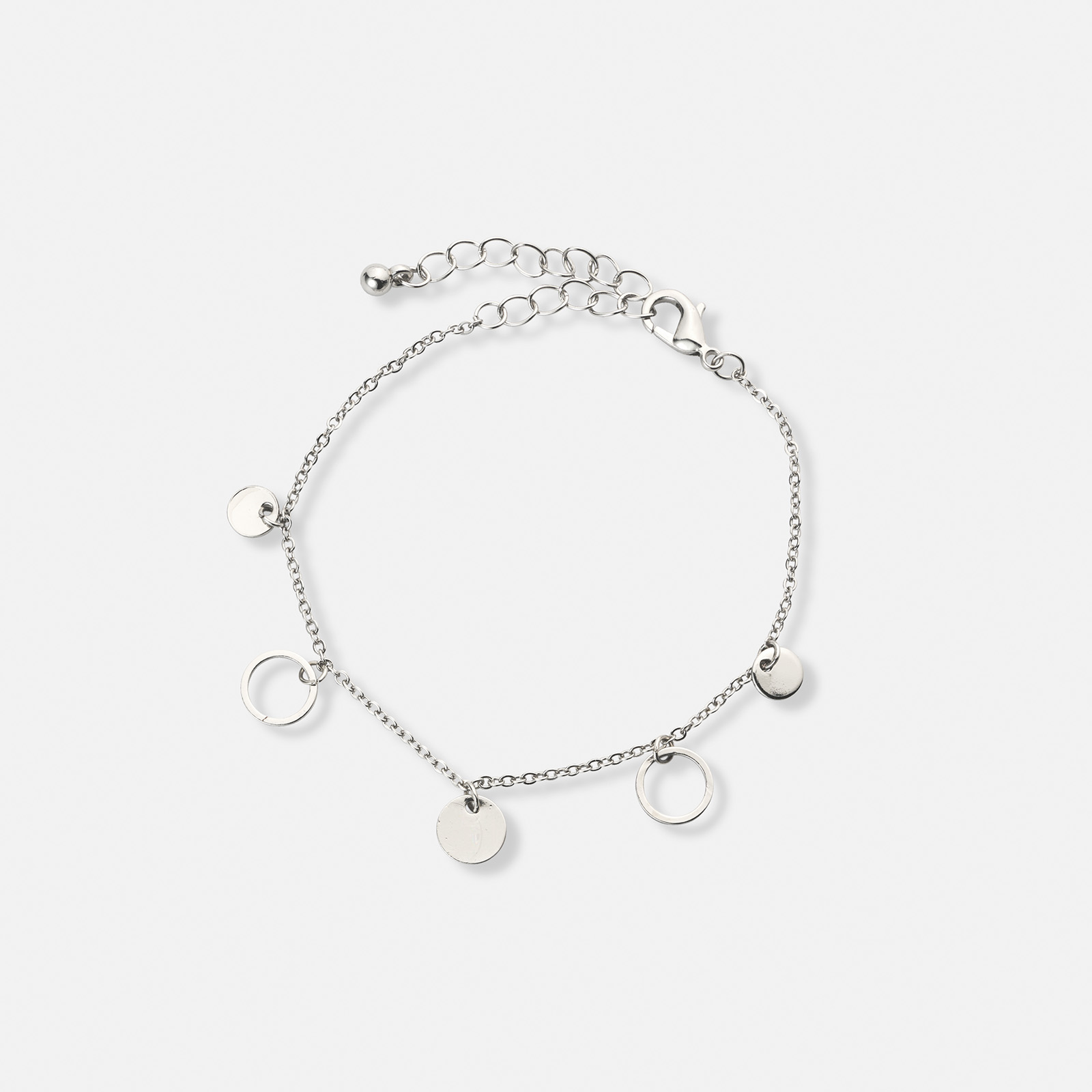 Silverfärgat armband, ringar och brickor - 17+5 cm
