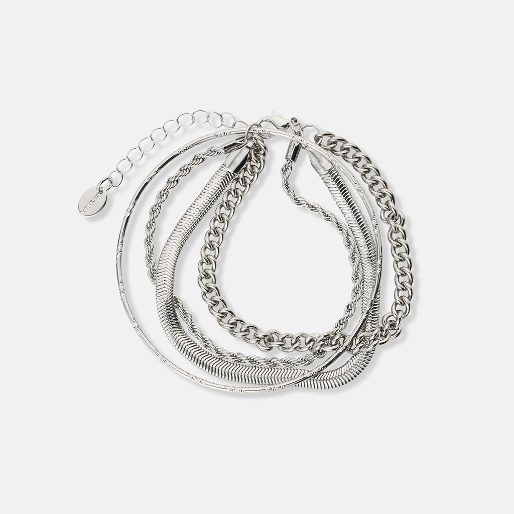 Silverfärgade armband, 3 kedjor och bangle - 17+5 cm